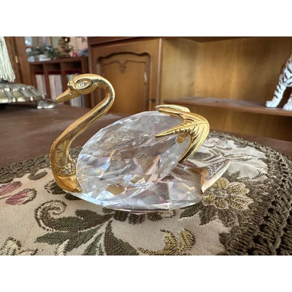 Vintage Swarovski Crystal Swan Gold Gilt Decor Unsigned - Picture 1 of 10